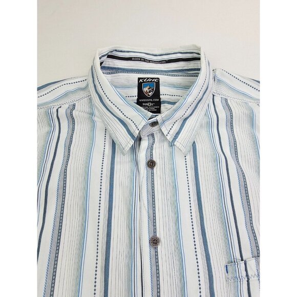 Kuhl Suncel Size 2XL Mens White Blue Stripe Short Sleeve Neck Hem Logos Shirt - Picture 1 of 13